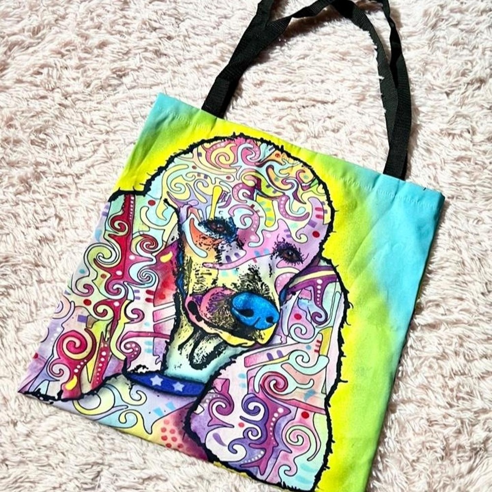 Dean Russo Colorful Kaleidoscope Dog Art Tote Bag Wacky Rainbow PopArt Mod Vivid